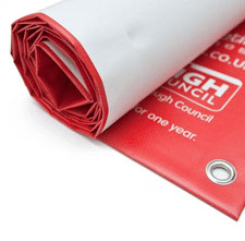 Red printed banner with eyelets