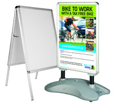 two stands with graphics attached available in different sizes