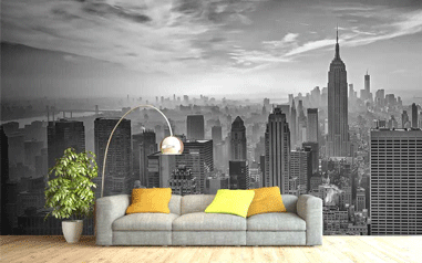 Skyline image on a living room wall. Bigger Print printed wallpaper